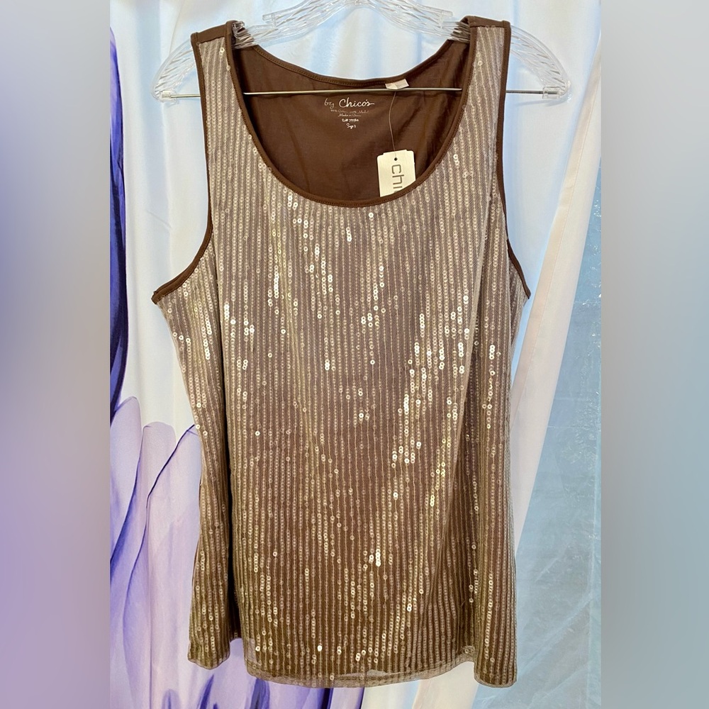 Chico’s Sequin Tank - Mocha;  Size 3 (Chico’s sizing); 55% Cotton / 45% Modal